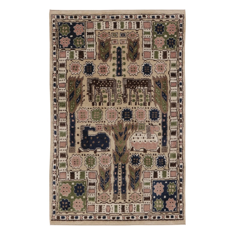 Contemporary Folk Pictorial Wool Rug Inspired by Märta Måås-Fjetterström by Rug & Kilim, India "Hästhagen"