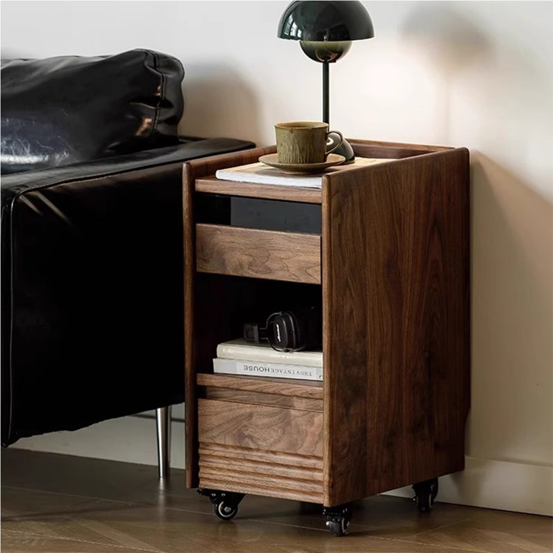 Modern Minimalist Walnut-Coloured Pine Sofa Side Table with Casters