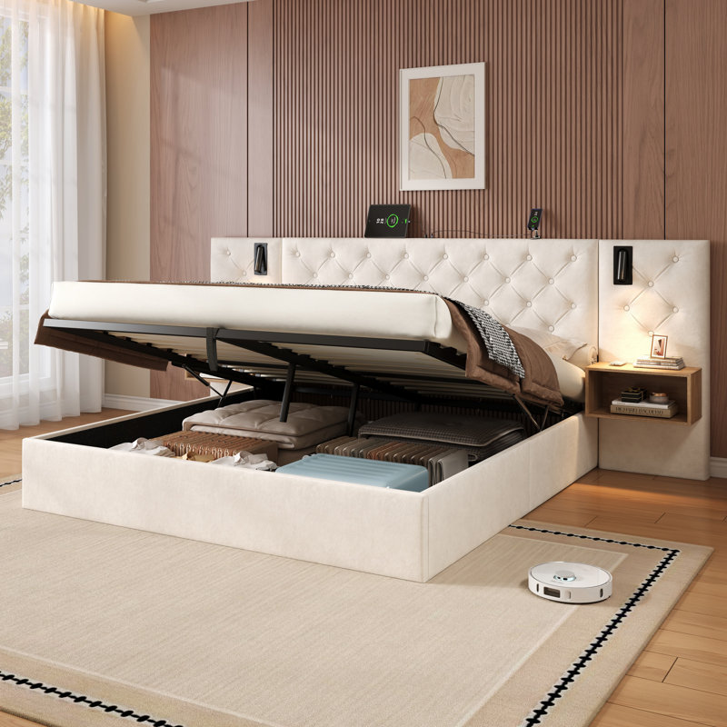 Upholstered Ottoman Bed With Storage, Frame With Charging Station, Reading Light And Tufted Headboard