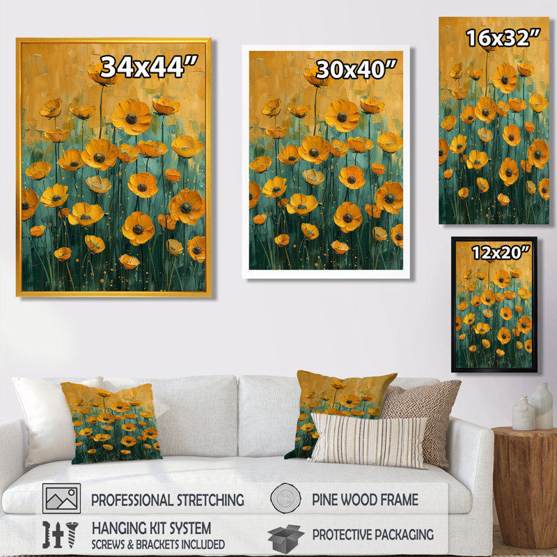 Décoration jaune jaune, bleu, bouton d'or et prairie I - Bouton d'or, Toile tendue, 40" H x 30" W