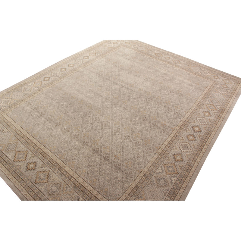 Distressed Homage Hand Knotted Wool Geometric Area Rug in Gray, Beige, Brown, White, Rectangle 9' x 12'