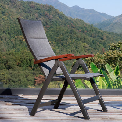 Adjustable Aluminum Outdoor Padded Folding Chair, Phifertex Sling Fabric, Teak Armrests, 660 Lbs Weight Capacity
