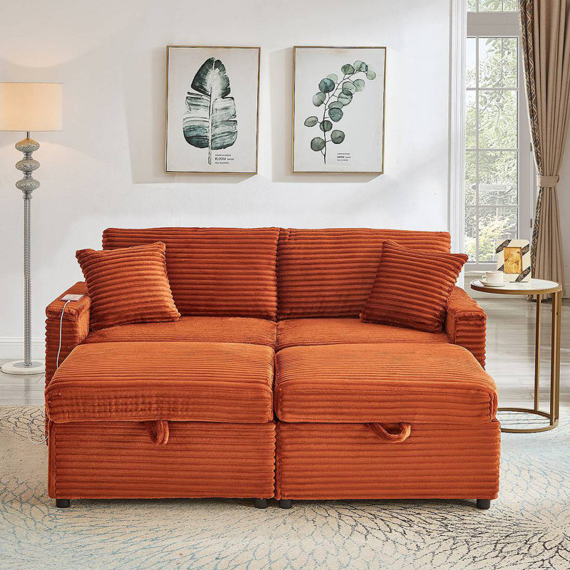 Canapé confortable moelleux en velours côtelé, espace de rangement pour grande causeuse, méridienne super moelleuse avec repose-pieds double et table de bout
