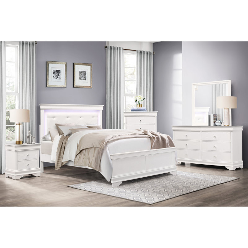 Full Size Glamorous White Bedroom Bed With Button- Faux Leather Upholstered Led Headboard And Alligator Texture Panels For Setup Decorating