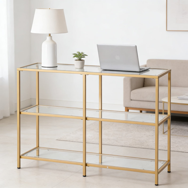 Console moderne en verre avec plateau en verre trempé et structure en fer robuste, table d'entrée à plusieurs niveaux pour le salon, le couloir et le rangement de l'entrée
