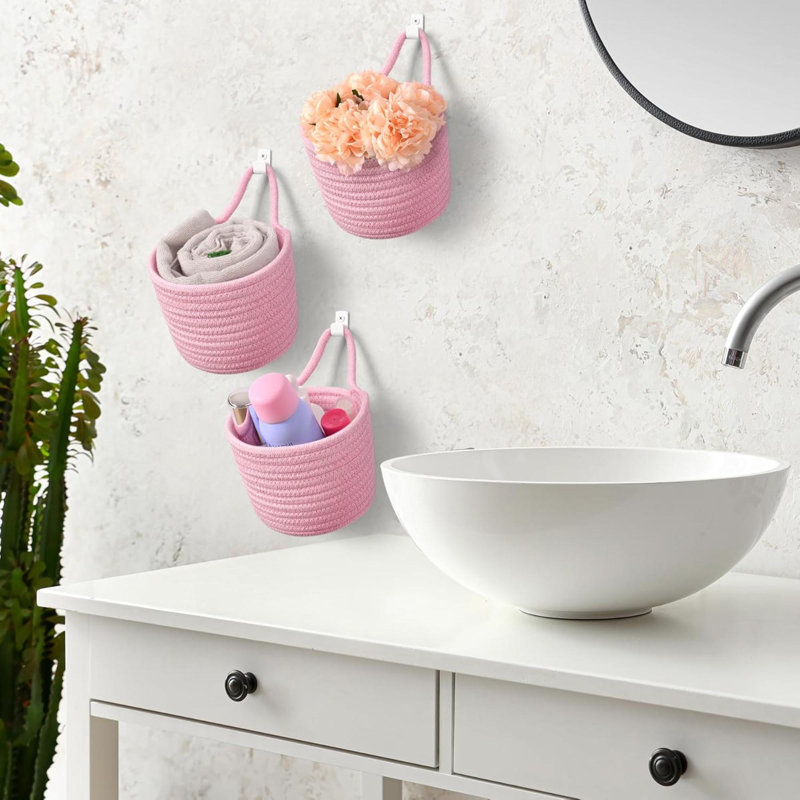 Ensemble de 3 paniers suspendus en tissu avec pochettes tissées de style bohémien avec crochets adhésifs, Rose