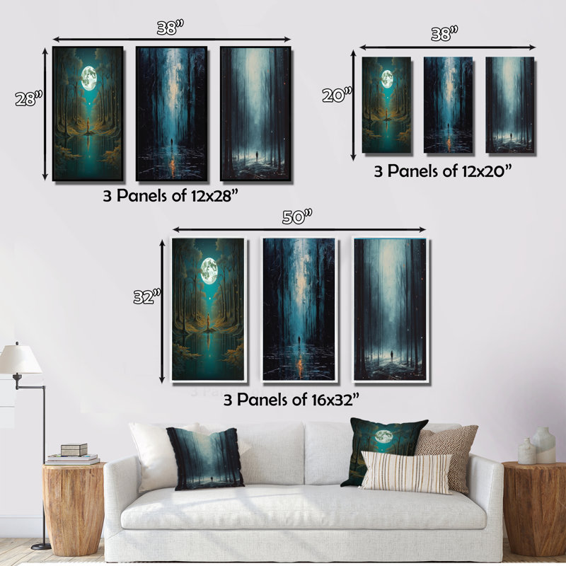 «Solitude Full Moon Wandering Endless Forest», 3 pièces, H 36 po x l 28 po, Toile tendue