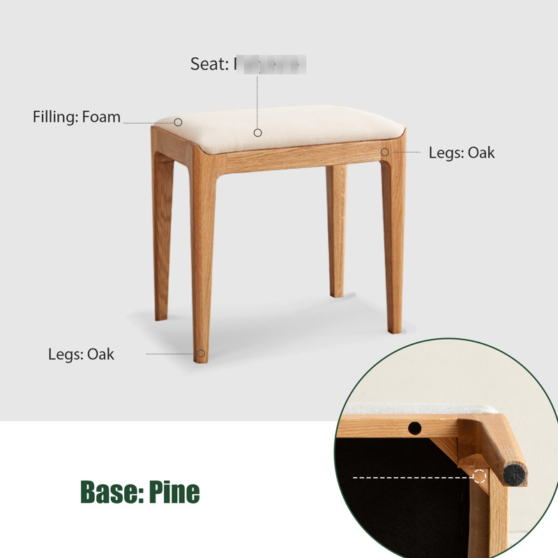 Tabouret blanc cassé en chêne rouge, pré-assemblé, s'adapte aux petits espaces, mousse haute densité, coussin de meuble-lavabo massif complémentaire au décor scandinave, entièrement idéal pour les salles de bain, tissu doux et doux