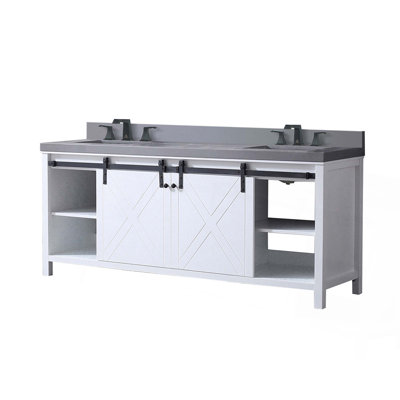 White Double Bath Vanity 80 in. W x 22 in. D, Grey Quartz Countertop and Faucet Set