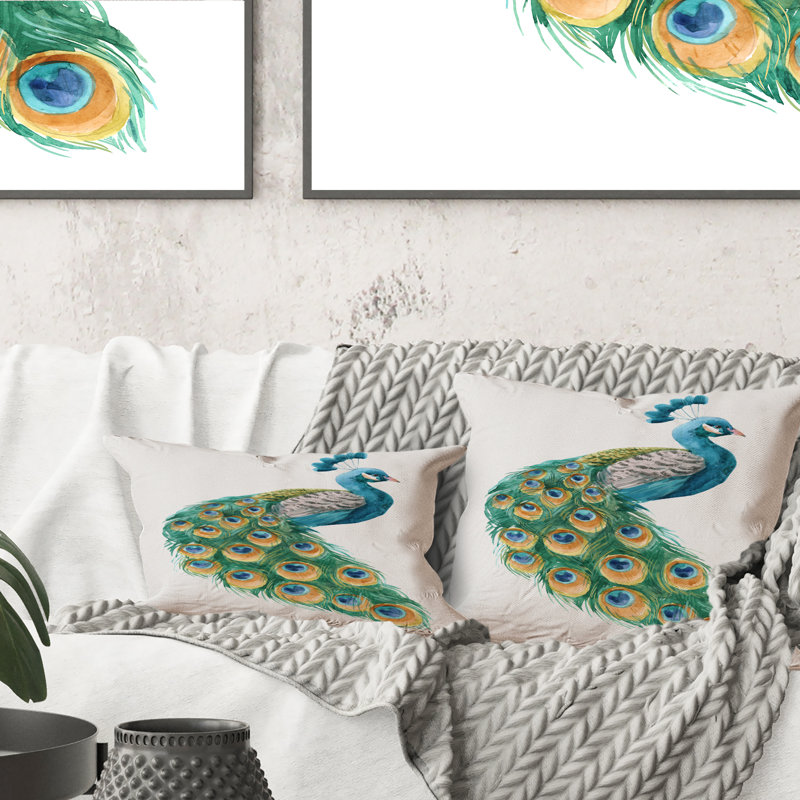 Vibrant bleu jaune et vert paon - Coussin décoratif traditionnel imprimé 1