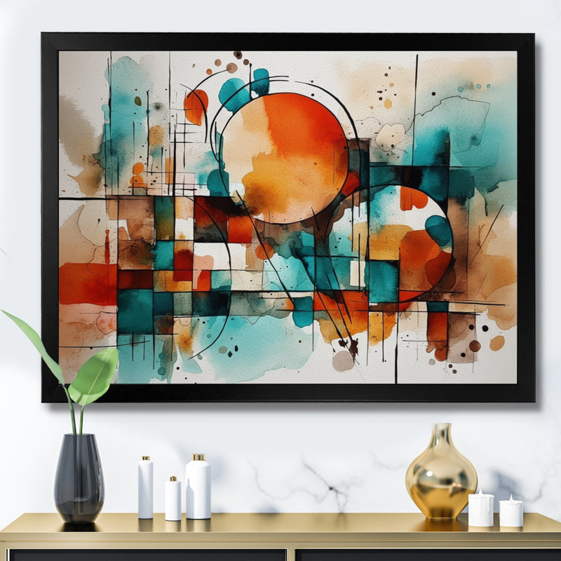 Orange orange géométrique - art mural abstrait géométrique, Cadre simple noir, H 16 po x l 32 po x P 1 po