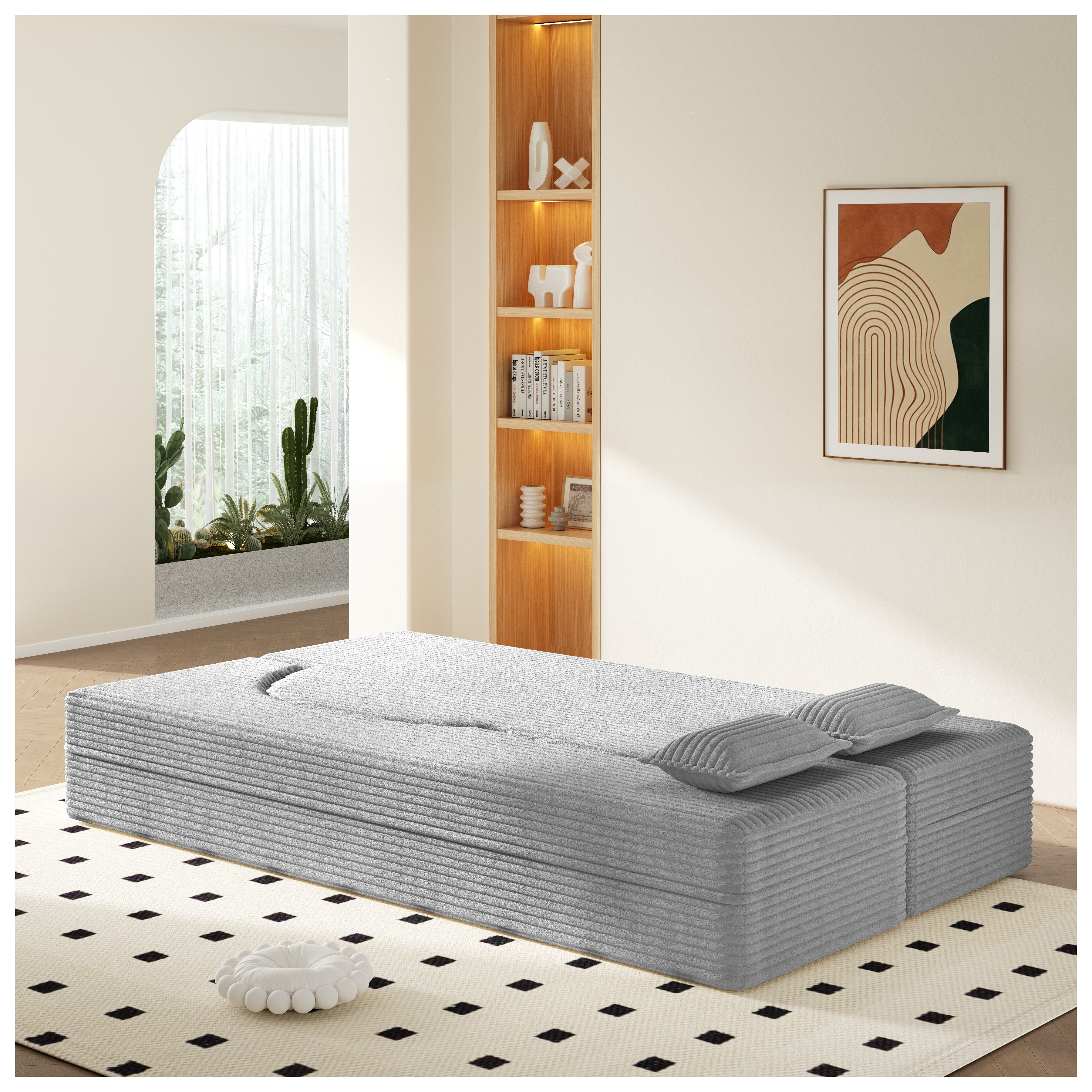 Ivy Bronx Modern Light Grey Corduroy Floor Sofa Bed with 2 Pillows ...