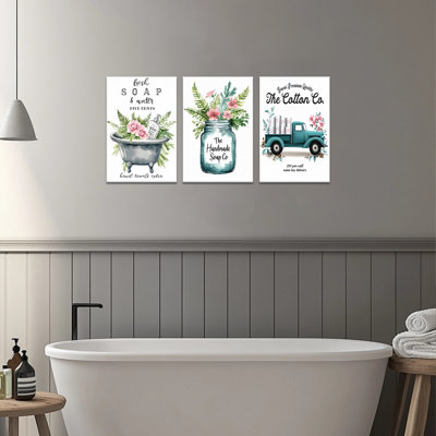 3 pièces - décor de ferme Forrest - savon mural et baignoire sur toile, images florales rustiques pour décor champêtre, pots de fleurs amusants peignant des œuvres d'art pour la salle de bain 20 po x 30 po x 3 pièces