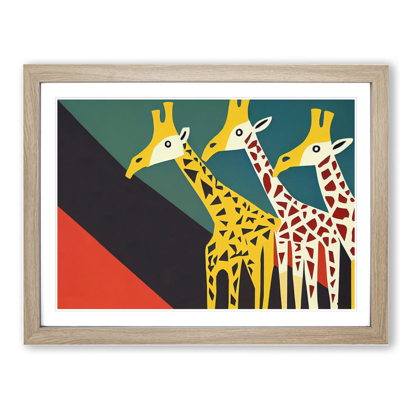 Abstract Giraffes - Single Picture Frame Print, 46cm H x 64cm W x 2cm D, Oak
