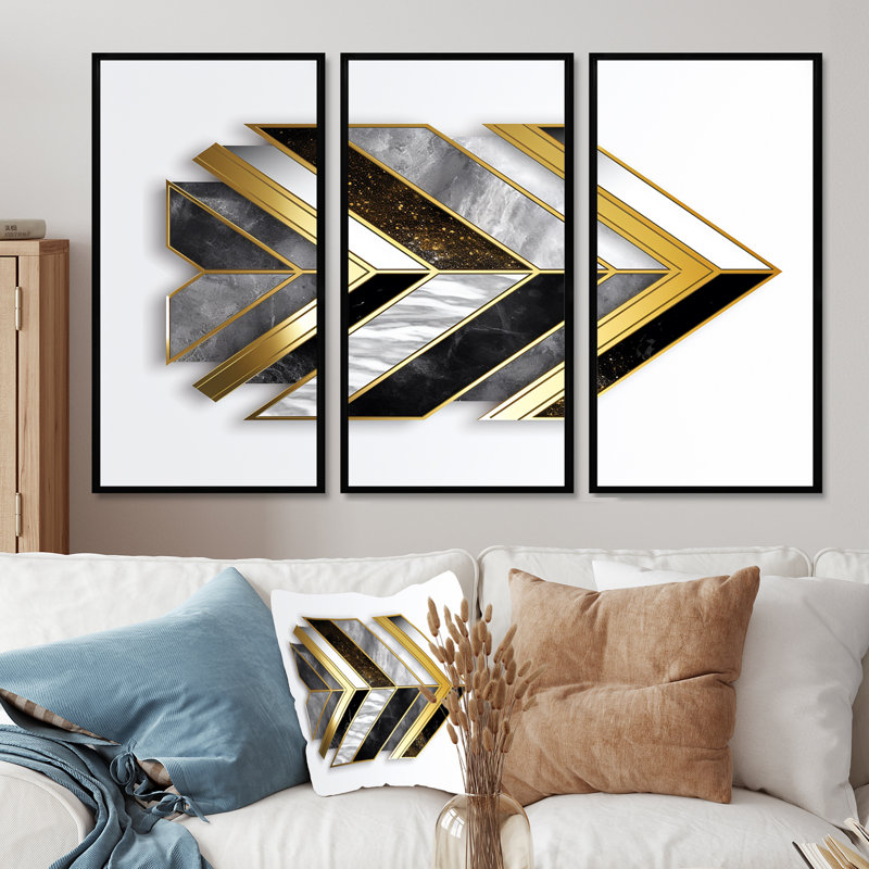 Gris, gris, argent, argent, ensemble d'art mural géométrique, H 28 po x l 36 po x P 1 po, Cadre flottant noir