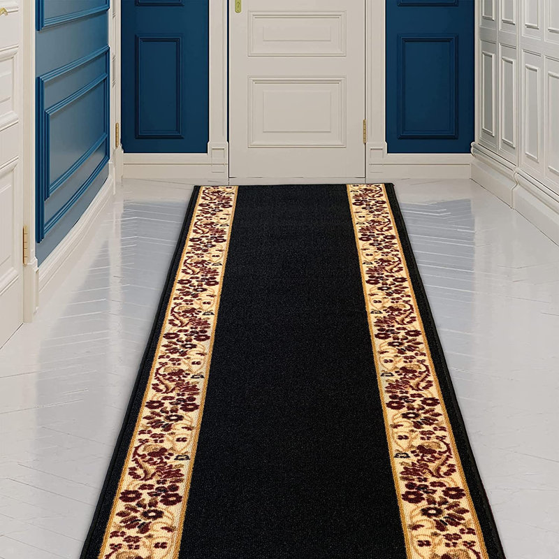 Custom Size Runner Rug Choose Your Length Flower Bordered Design Black Color, Runner 2'2" x 10'