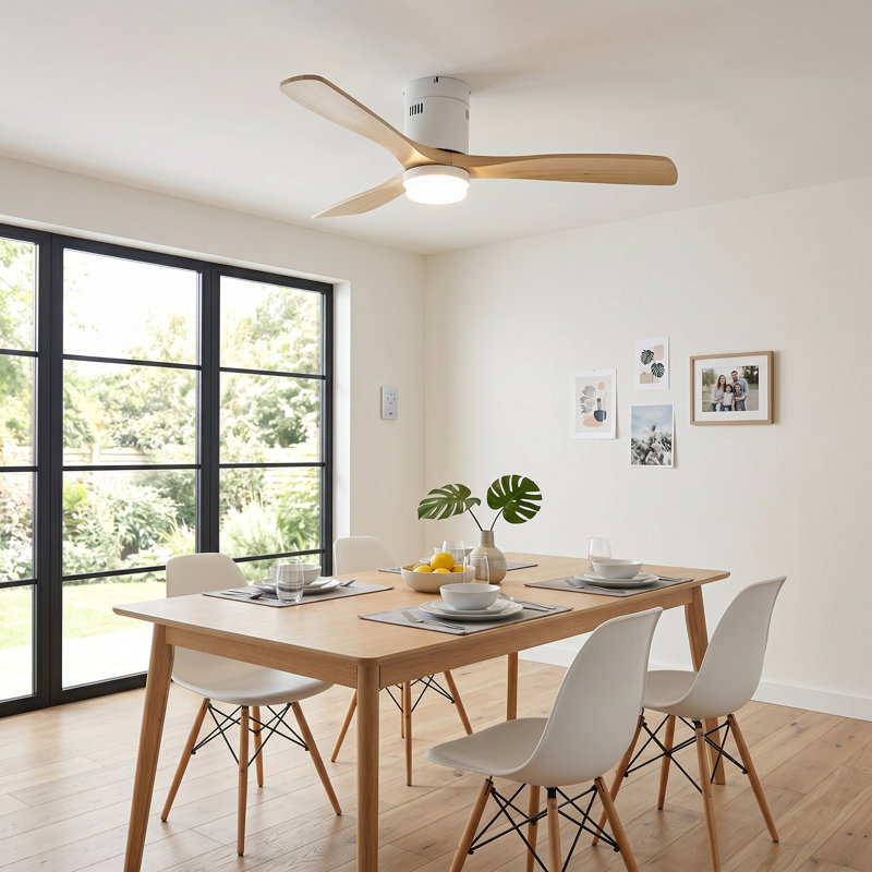  52-inch Modern Ceiling Fan with Light, 3 Solid Wood Blades, DC Motor, 6 Speeds, Flush Mount for Bedroom, Living Room, Oak