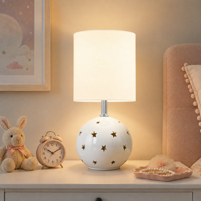 14-Inch White Ceramic Bedside Lamp for Girls' and Kids' Bedrooms or Dorms, Cute End-Table/Nightstand Light with Rocker Switch and Included Adjustable Bulb