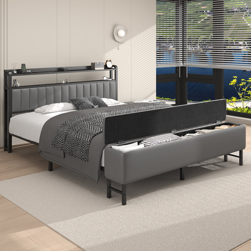 Modern Upholstered Platform Bed with a Starry Sky Projector, Built-in Storage Bench, Convenient Charging Station, Easy Assembly