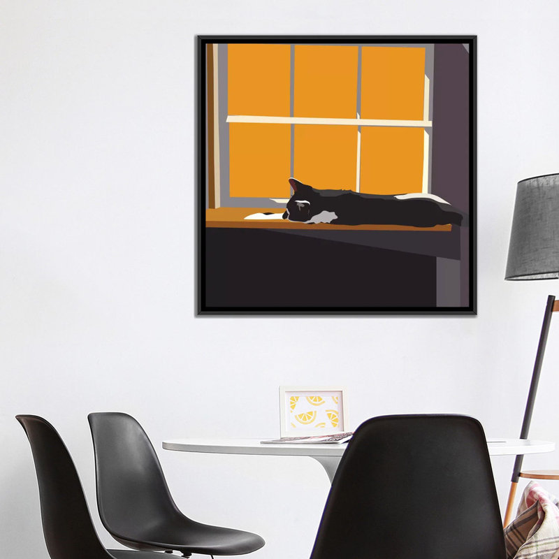 «Cat on a Window Sill II», reproduction sur toile, H 18 po x l 18 po x P 1,5 po, Toile avec cadre noir, Pas de tapis