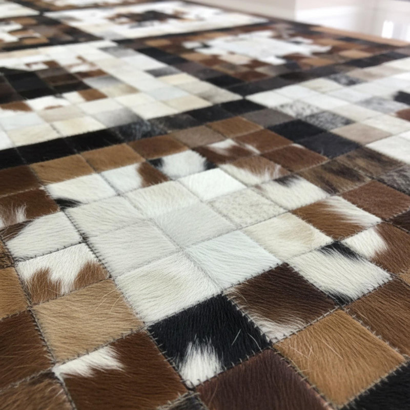 Tapis brun et blanc en peau de vache, patchwork géométrique, Rectangle 9 pi 6 po x 13 pi 6 po