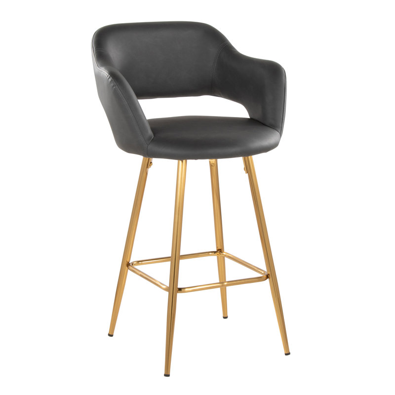 Tabouret de bar à hauteur fixe 26 "avec pieds en métal et repose-pieds carré Lake, Similicuir gris / cadre doré