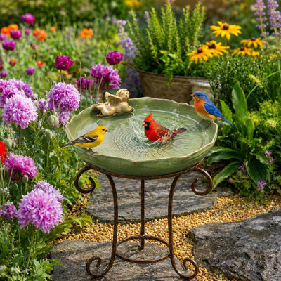 Bol en céramique pour bain d'oiseaux, bol BirdBath de 9,45 pouces seulement, mangeoires d'oiseaux au sol et bain d'oiseaux (GREEN-Angel)