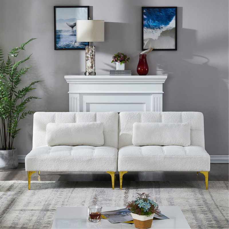Canapé-lit convertible futon avec pattes en métal doré (tissu blanc), Blanc