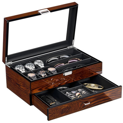 HighEnd Watch Box 6Slot Watch Case And 3 Glasses Case 2Layer Wooden Mens Jewelry Box With Large Glass Lid Luxury Watch Display Case HighEnd Watch Box 6Slot Watch Case And 3 Glasses Case 2Layer Wooden Mens Jewelry Box With Large Glass Lid Luxury Watch Display Case