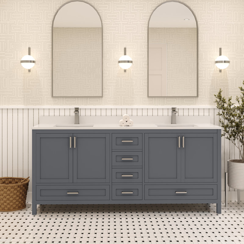 Meuble-lavabo double autoportant 72 po avec plateau en quartz blanc Rooh, Gris anthracite