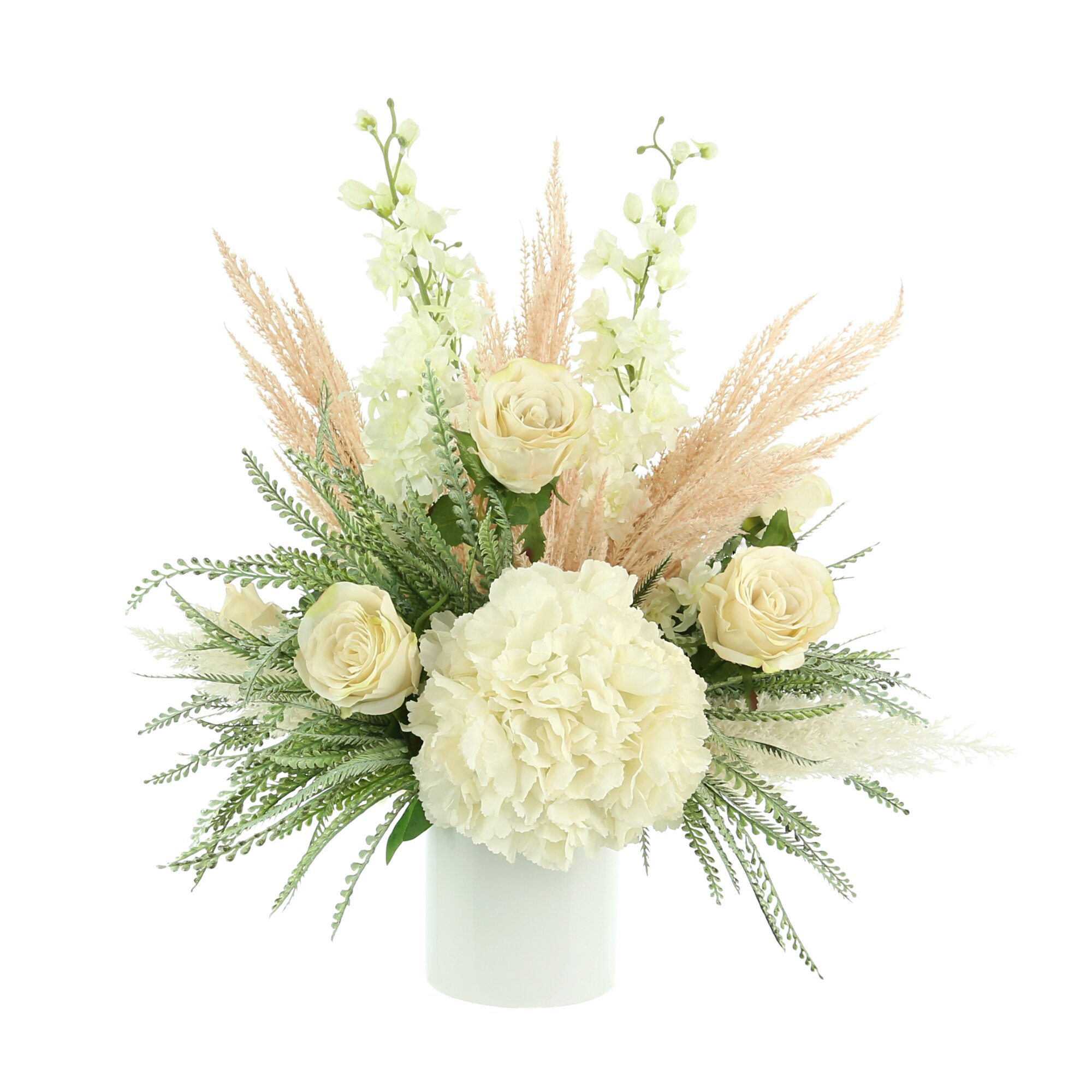 Winter-themed flower arrangement with delphinium, hyacinths, callas,  hydrangeas, roses,…