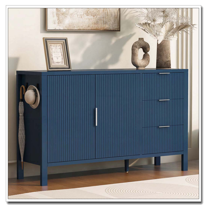 Storage Buffet Cabinet With Hooks And Extra Center Leg,Suitable For Living Room,Entryway,Hallway, Blue