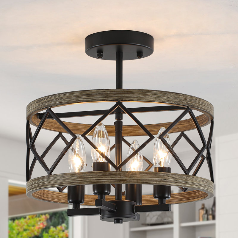 4-Light 12.6"W Dimmable Farmhouse Drum Semi Flush Mount Modern Industrial Round Ceiling Light Fixture for Kitchen Island Living Room Dining Room