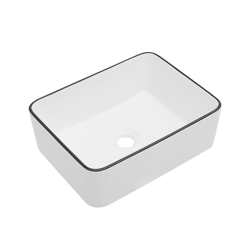 Lavabo de salle de bain rectangulaire en céramique blanche 16X12 pouces, Blanc/Noir