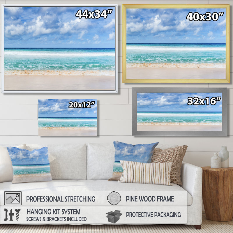 « Tranquil Beach Under White Clouds » - Impression, H 30 po x l 40 po, Brun, Reproduction avec cadre flottant