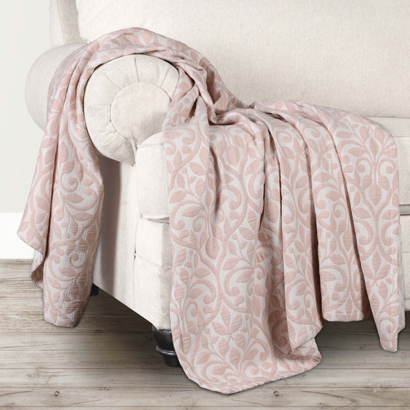 Vineyard Cotton Blend Medium Weight Matelasse Weave Floral Scroll Coverlet, Throw Coverlet, Blush