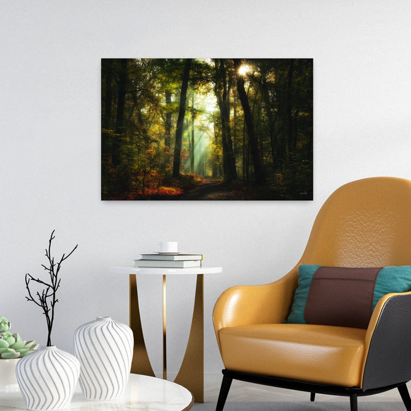 Art ensoleillé abstrait d'automne contemporain forêt ensoleillée, H 16 po x l 24 po