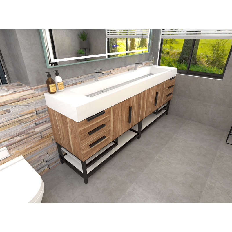 Jessica 84'' Single Bathroom Vanity with Stone Top, Natural Oak