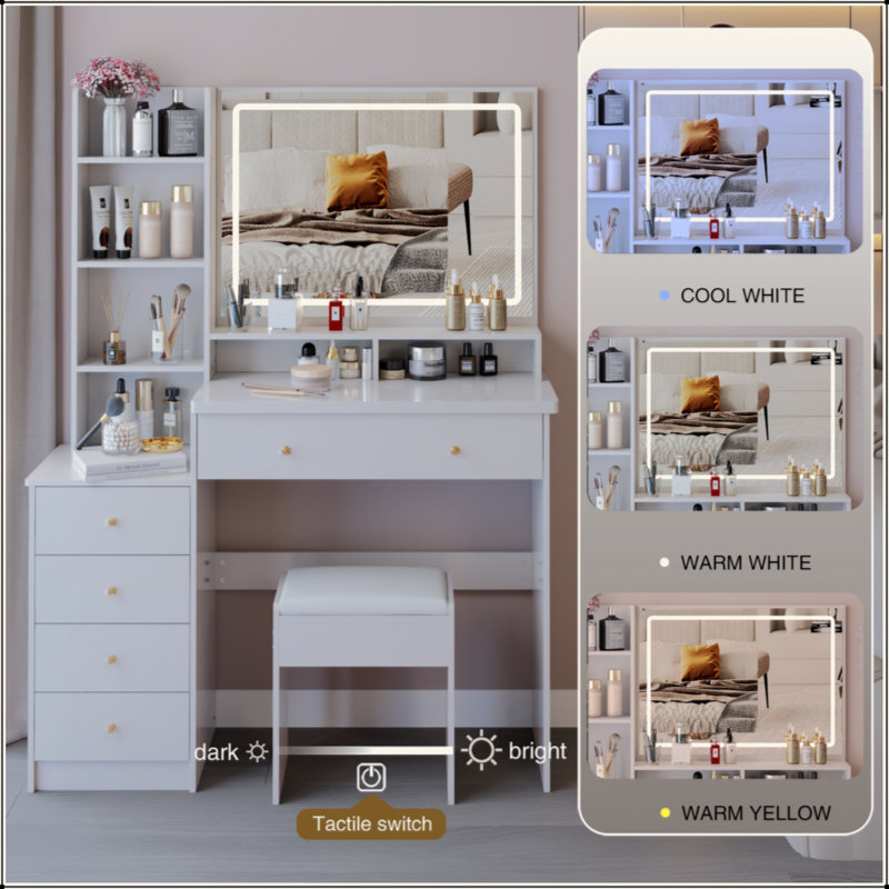 41" Large Size Left Bedside Cabinet Vanity Table+Cushioned Stool, Extra Large Touch Control LED Mirror, 3-Colour Switch, Multi Layer High Capacity Storage Fashionable Dresser, Suitable For Large Space