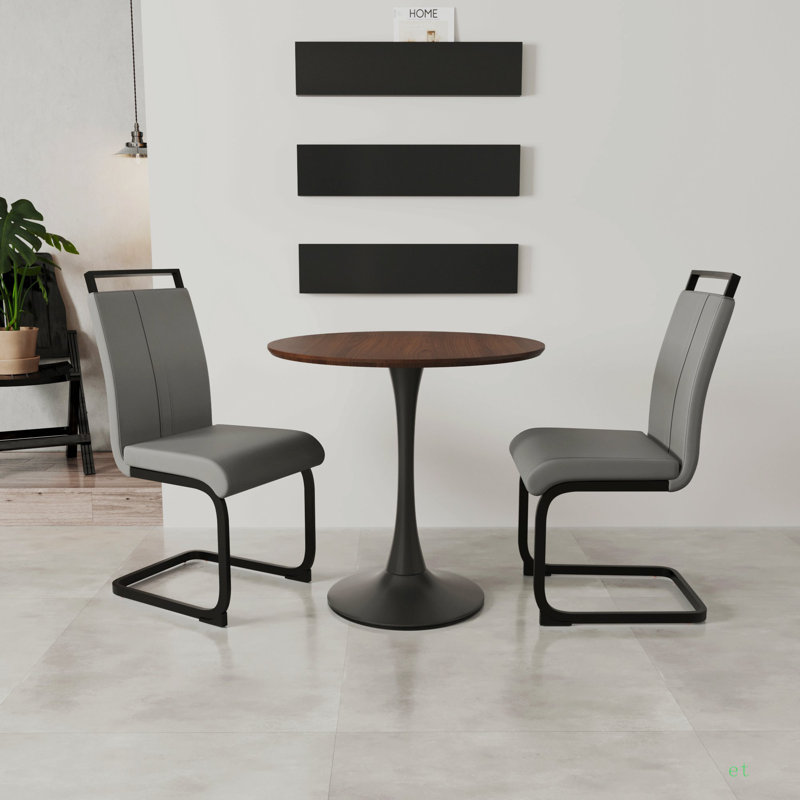 Table de salle à manger 31,5 "en noyer circulaire, table de salle à manger, table de salle à manger pour la cuisine, plateau et base en panneau de fibres à densité moyenne et ensemble de 2 chaises de salle à manger en métal noir