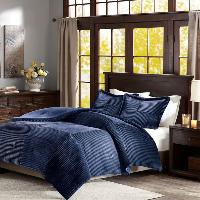 Édredon en duvet bleu marine très grand avec face nervurée, envers uni, lavable à la machine, 1 et 2 taies décoratives, surface, incluse