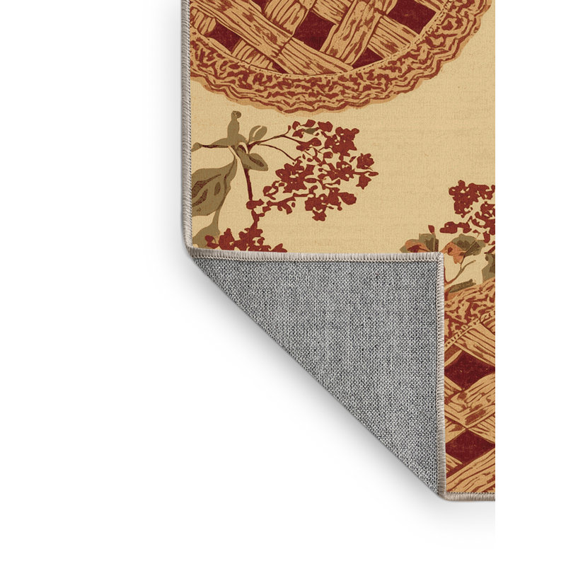 Machine Washable Kirkwood Pie Apple Cherry Vintage Block Print Rug in Brown – Beige Binding, 5x8