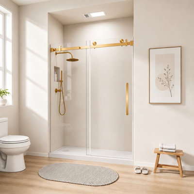 Porte de douche coulissante simple sans cadre l 48 po x H 76 po, verre trempé transparent de 1/4 po avec film antidéflagrant, rail et poignée en tube d'acier inoxydable doré brossé