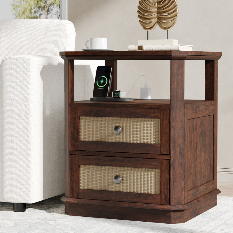  End Table for Living Room With Storage and Built-In Outlets,Boho Rattan Side Table With Drawer for Office,Bedroom, Cherry