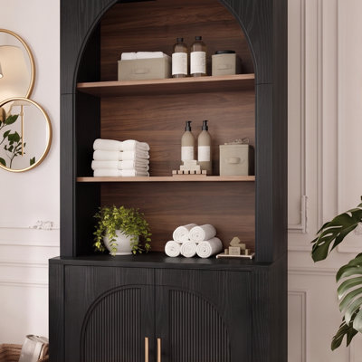 Bibliothèque en noyer de 70,87 pouces avec armoire de rangement à porte cintrée et étagères ouvertes