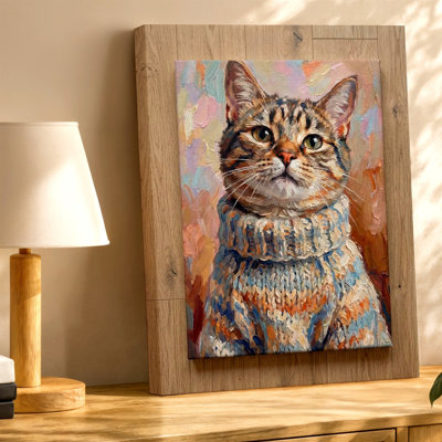 Cat Oil Painting Tabby Kitten In Sweater Cozy Animal Portrait Canvas Wall Art Print, Animal Inspired Decorative Wall Decor For Living Room Bedroom Office, Living Room Bedroom Office Decor