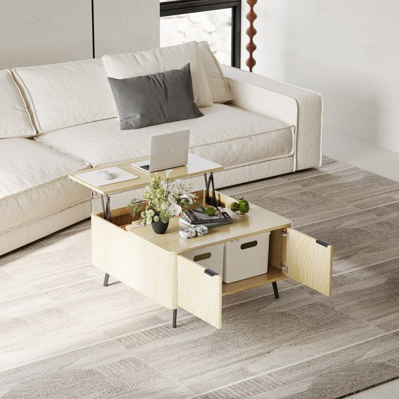 Table basse relevable, table centrale relevable avec grand espace de rangement caché, tablettes ouvertes, Grain du bois