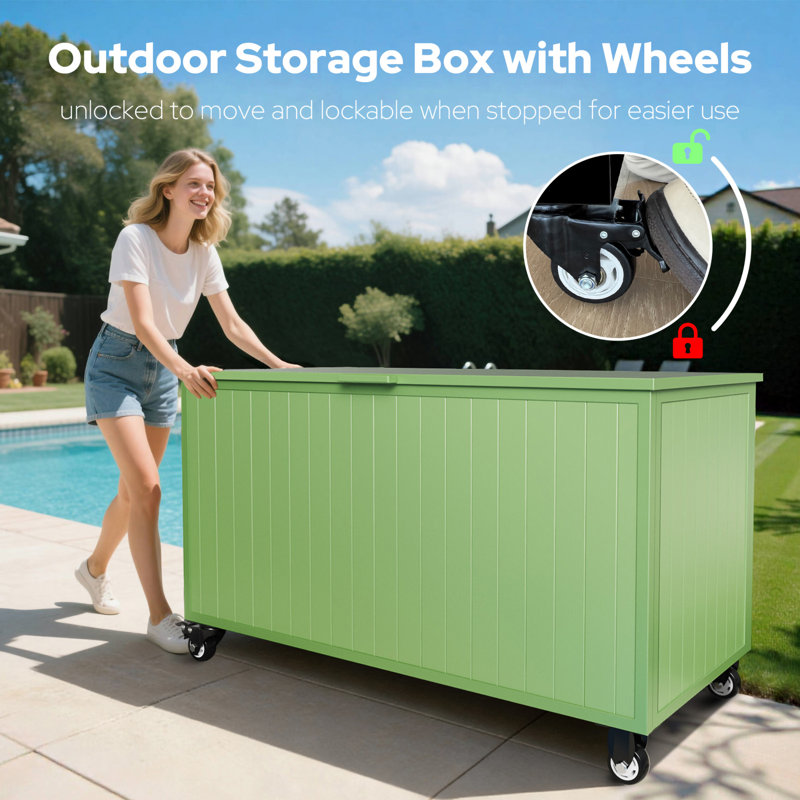 150 Gallon Storage Box All-Weather Outdoor Deck Box with Wheels, Green, 150 Gallon