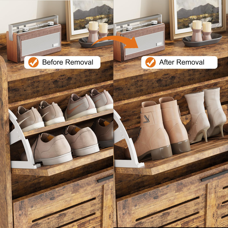 Rustic Brown Wood Shoe Cabinet with Flip Drawers