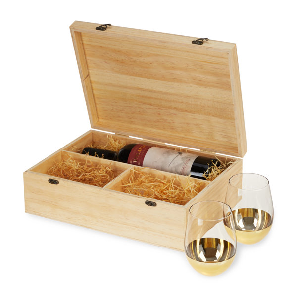 Twine Wood Wine Gift Box with 2 Stemless Glasses | Wayfair